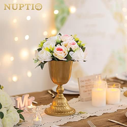 NUPTIO Pcs of 10 Fake Flower Ball Arrangement Bouquet,15 Heads Plastic Roses with Base, Suitable for Our Store's Wedding Centerpiece Flower Balls for Centerpieces Home Décor (Pink Champagne & White) - Image 4