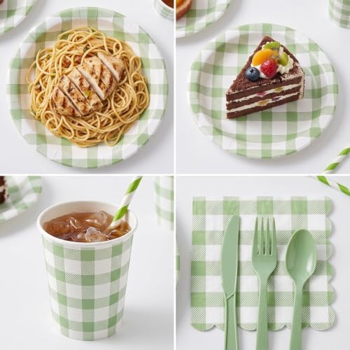 400 Pcs Sage Green Gingham Paper Plates and Napkins Set for 50, 9" Dinner Plates & 7" Dessert Plate, Tableware for Garden Birthday Party - Image 7