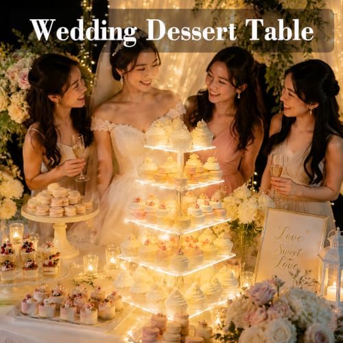Cupcake Stand, Elegant Cupcake Holder with Brighter Yellow LED String Light, Clear 5-Tier Square Acrylic Cupcake Tower for Wedding, Birthday, Baby Shower, Party (Yellow light) - Image 2