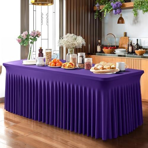 Wish Care 6 Pack Dark Purple Spandex Table Clothes for 6 Foot Rectangle Tables, 6FT Wrinkle Free Fitted Tablecloths Ruffles Design Table Cover for Party, Banquet, Wedding and Events - Image 7