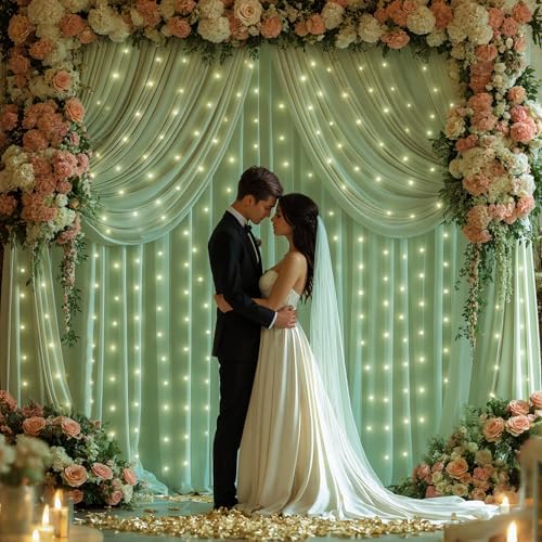 10x10ft Sage Green Backdrop Curtains with Lights Photo Drapes Wrinkle Free Fabric Backdrop Curtain for Wedding Birthday Party Baby Shower Bridal Shower Home Party Background Decorations - Image 4