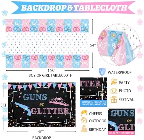 Hombae Guns or Glitter Gender Reveal Decorations, 169 PCs Boy or Girl Gender Reveal Decorations What Will Baby Be Backdrop Balloon Garland Banner Tablecloth Cake Cupcake Topper Cutout Poster Sash - Image 4