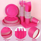 durony 350 Pieces Hot Pink Paper Dinnerware Set 7 Inch 9 Inch Disposable Dinner Plates Serve 50 Guests Paper Cup Cutlery Napkins Solid Color Party Supplies for Birthday Wedding Party Family Picnic - Image 3