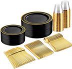 bUCLA 150 Pieces Black and Gold Disposable Dinnerware Set - 25 Guests Black Gold Plastic Plates Include 25 Dinner & 25 Dessert Plates, 25 Spoons, 25 Forks, 25 Knives, 25 Cups for Party & Graduation by BUCLA