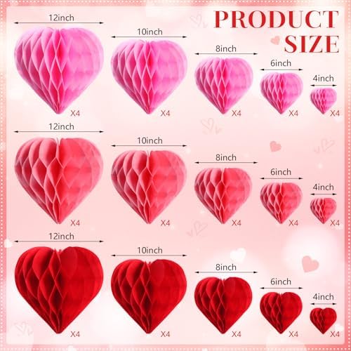 Seajan 60 Pcs Valentine Heart Honeycomb Party Decorations Red Pink White Tissue Paper Heart Shaped Pom Poms Decoration Valentine Hanging Decorations for Birthday Wedding Baby Shower - Image 2