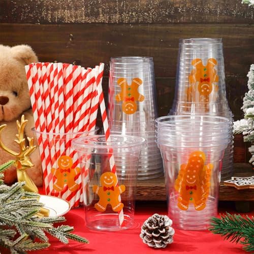 Whaline 50 Pcs Christmas Disposable Plastic Cups with Lids and Straws 12 oz Party Cups Gingerbread Man Cold Beverage Drinking Cups for Xmas Holiday Party Supplies - Image 4