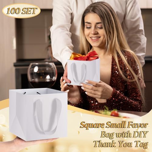 Windyun 100 Pcs Mini Paper Gift Bags with Handle 6 x 6 x 6'' Square Small Favor Bag with DIY Thank You Tag for Christmas Birthday Wedding Bridal Shower Bridesmaid Graduation Party (White) - Image 3