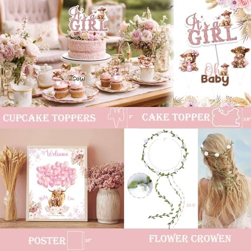 Hombae Highland Cow Baby Shower Decorations Girls, 129 PCs – Holy Cow Baby Shower Party Supplies with Floral Backdrop, Balloon Garland, It’s a Girl Cake Topper, Mommy To Be Sash, Headband - Image 5