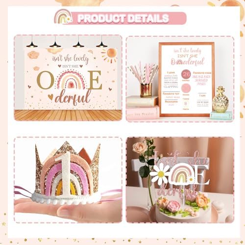 Isn’t She Lovely Isn’t She Onederful First Birthday Decorations, Little Miss Onederful Birthday Party Supplies with Boho Rainbow 1st Backdrop, Banner, Balloon Garland, Crown - Image 3