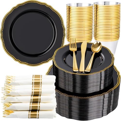 Hioasis 350 Pcs Black and Gold Plastic Plates for Wedding & Party by Hioasis