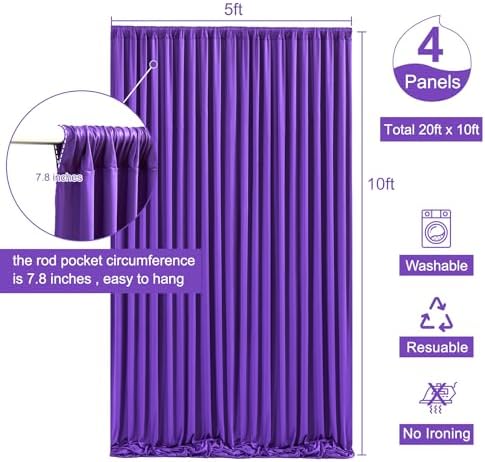 4 Panels Purple Backdrop Curtain for Parties Wedding Wrinkle Free Purple Photo Curtains Backdrop Drapes Fabric Decoration for Birthday Party Photography 20ft(W) x 10ft(H) - Image 5
