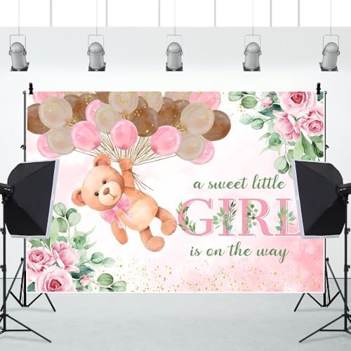 10x6.5ft Pink Bear Baby Shower Backdrop A Sweet Little Girl is On The Way Photography Background Baby Shower Banner for Girl Bear Party Decorations Newborn Photo Props - Image 4
