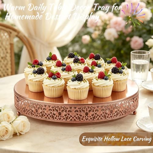 14 Inch Rose Gold Cake Stand, Round Metal Dessert Display with Ornate Filigree Lace, Dual‑Coated Premium Finish for Wedding, Anniversary & Elegant Home Decor - Image 4