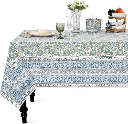 Ridhi Asparagus Green Block Print Cotton Rectangle Table Cloth, 52x70 inch by Ridhi