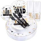 Liacere 150PCS Graduation Plastic Plates - Disposable Black and Gold, Graduation Party include 50Plates 25Knives 25Forks 25Spoons 25Cups by Liacere