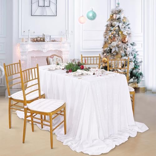 QueenDream White Wedding Tablecloth 90x90 Inch Sequin Fabric Table Cloths Rectangle Sparkle Anniversary Banquet Halls Christmas Decorations - Image 5