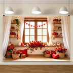 10x5ft Romantic Valentines Day Photography Backdrop Window Scene Red Rose Flower Wicker Basket Heart Garland White Curtain Wooden Shelves Photo Background for Couple Portrait Photo Booth - Image 4