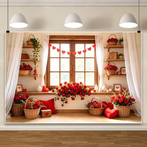 12x10ft Romantic Valentines Day Photography Backdrop Window Scene Red Rose Flower Wicker Basket Heart Garland White Curtain Wooden Shelves Photo Background for Couple Portrait Photo Booth - Image 4