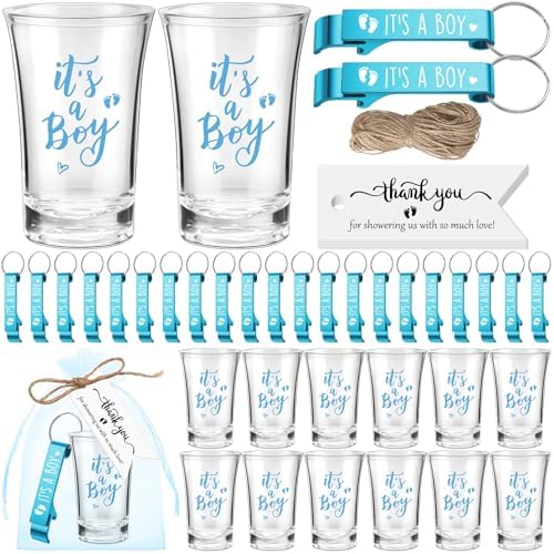 50 Sets Baby Shower Favors Shot Glasses Keychain Gifts, Gender, Blue by Singhoow