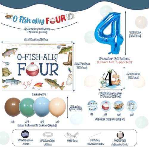 O Fish Ally Four Birthday Decoration Backdrop Banner Fishing 4th Birthday Cake Cupcake Toppers Gone Fishing Latex Foil Balloons for Boy Little Fisherman 4 Years Old Party Decor Supplies - Image 6