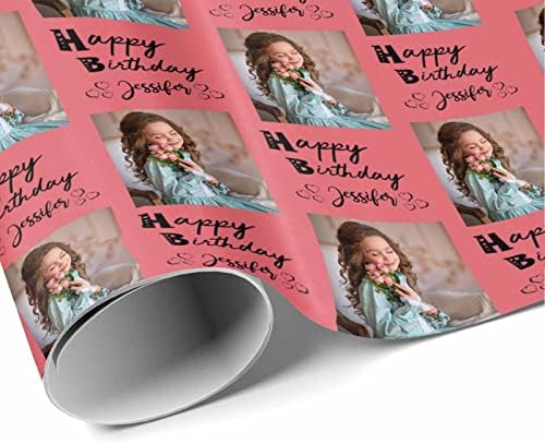 Custom Picture Wrapping Paper, Personalized Gift Wrap Paper with Funny Photo Happy Birthday with Name Photo Dark Pink Wrapping Paper Roll for Mom Dad Grandma Birthday Christmas Wedding 3 Rolls - Image 3