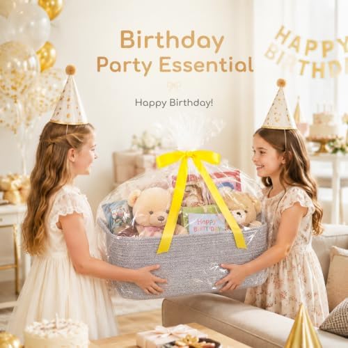 OIASKET Large Empty Cotton Rope Gift Basket with Handles, 16.5"x12.6"x7" Decorative Woven Storage Basket with Gift Bag and Ribbon Set for Baby Shower, Toy Organizer for Kids, Dogs & Cats - Grey - Image 7