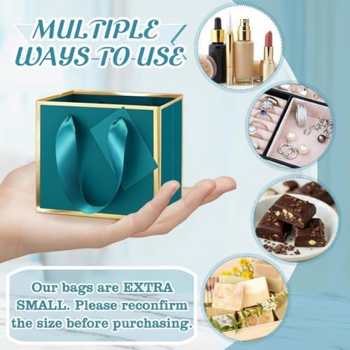 Yeaqee 50 Pcs Mini Metallic Paper Gift Bags with Handle, Turquoise, Gold - Image 3