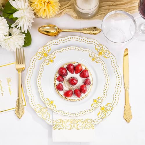 Ciaell 175 Piece White and Gold Plastic Plates for Weddings Parties - Image 2