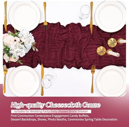 20 Pack Burgundy Table Runner 17 x 108inch Cheesecloth Table Runner Rustic Boho Gauze Sheer Fabric Cheese Cloth Table Runners for Wedding Party Bridal Baby Shower Birthday Spring Table Decor - Image 6