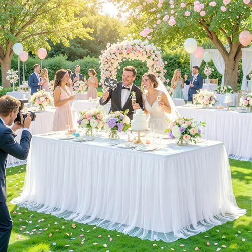 2 Pack White Table Cloth for 6 Foot Rectangle Tables, White Stretch Fitted Tulle Table Covers Skirt, Rectangular Ruffle Tutu Tablecloth Wedding Banquet Baby Shower Cake Tablecloths Decorations - Image 2