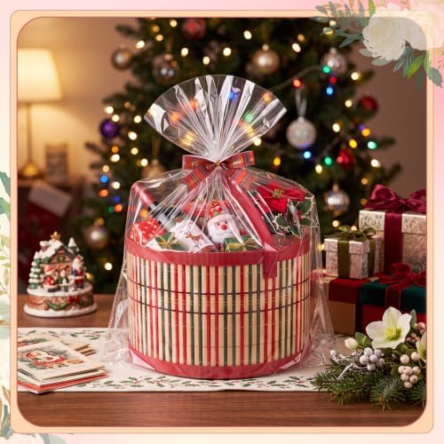 Weysat 12 Set Baskets for Gifts Empty Bulk, Large Woven Bamboo Gift Basket Kit with Handles, Bow, Wrap Bag to Fill for Raffle Thanksgiving Day Wedding Birthdays Party Wrapping (Red and Green) - Image 4