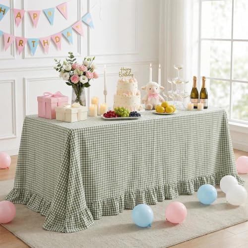 Eternal Beauty Gingham Ruffled Tablecloth Sage Green 60x102 Christmas - Image 2