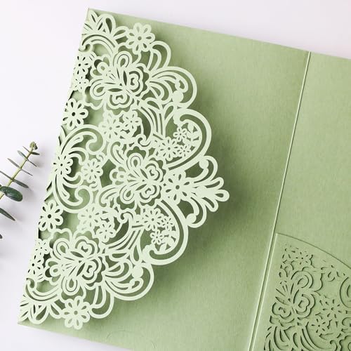 Hosmsua 50PCS Sage Green Wedding Invitation Pocket with Envelopes, 5.12 x 7.2 Trifold Laser Cut Lace Flora Invitations for Quinceanera Sweet 16 Quince Invitation (No Inner Sheet) - Image 6