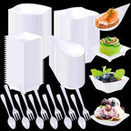 Tessco for you 400 Pcs Mini Appetizer Plates Set Including 200 Disposable Dessert Plates Assorted Shape 100 Mini Plastic Forks 100 Plastic Spoons for Party (Classic Style, White) by Tessco