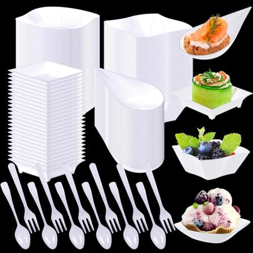 Tessco for you 400 Pcs Mini Appetizer Plates Set Including 200 Disposable Dessert Plates Assorted Shape 100 Mini Plastic Forks 100 Plastic Spoons for Party (Classic Style, White) by Tessco