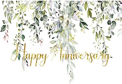 Leowefowa 8x6ft Happy Anniversary Backdrop Green Gold Eucalyptus Leaves Photography Background Wedding Bridal Decorations Surprise Shower Gender Reveal Photo Party Banner Photo Booth Props - Image 3