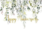 Leowefowa 10x8ft Happy Anniversary Backdrop Green Gold Eucalyptus Leaves Photography Background Wedding Bridal Decorations Surprise Shower Gender Reveal Photo Party Banner Photo Booth Props - Image 3