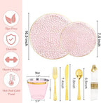 Rubtlamp 700Pcs Pink Gold Plastic Plates, Fancy Hammer Party Plate, Pink Plastic Dinnerware Set Include 100 Dinner Plates,100Salad Plates,100Cups,100Pre Rolled Gold plastic Silverware for Party - Image 2