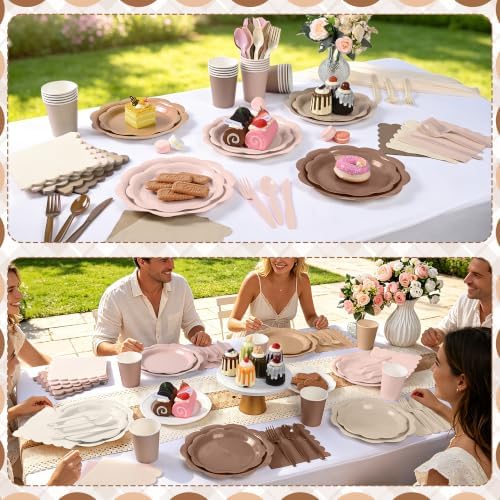 350 Pcs Baby Shower Decoration - Neutral Gradient Brown Plates and Napkins Tableware Set Include Scalloped Paper Plate Napkin Cup & Cutlery for Baby Shower, Wedding, Birthday, Espresso Martini Theme - Image 5