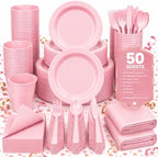 Tinybee 352 Pcs Pink Plastic Plates, Disposable Dinnerware Set for 50 by Tinybee