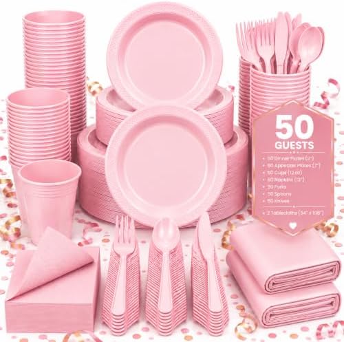 Tinybee 352 Pcs Pink Plastic Plates, Disposable Dinnerware Set for 50 by Tinybee