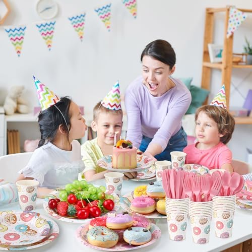 Ziliny 350 Pcs Donut Grow up Party Supplies Tableware Set Disposable 9'' 7'' Paper Plates 9 oz Cups Cutlery Napkins Dinnerware Set for 1st Birthday, Serve 50 (Donut Grow Up, Macron Color) - Image 6