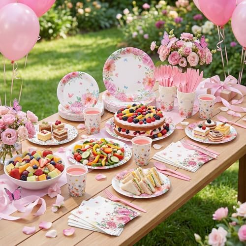 400 Pcs Floral Disposable Paper Plates Napkins and Cups Serves 50 Spring Watercolor Pink Floral Tableware Set for Wedding Tea Party Decoration Bridal Shower Baby Shower Mother's Day - Image 5