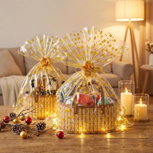 6 Pcs Gift Baskets Empty, Large Foldable Woven Gift Basket Set with Handles, 35x20x15CM Bamboo Baskets for Gifts, 10 Gold Star Gift Bags, for Baby Shower, Mother's Day, Christmas, Housewarming - Image 5