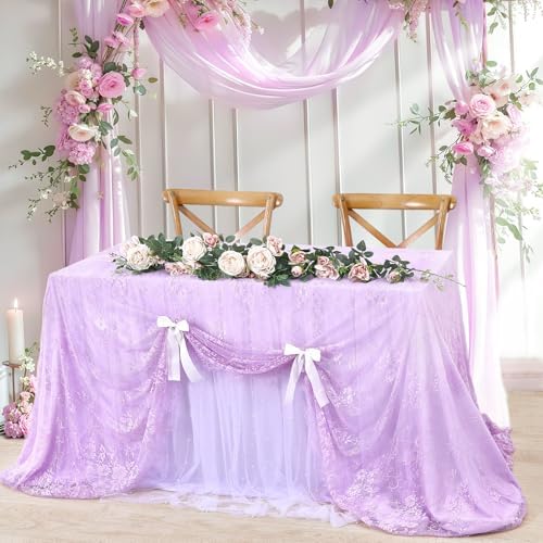 Light Purple Tablecloth Outdoor Lace Table Fabric 2pcs 60x120 Inch for Home - Image 3