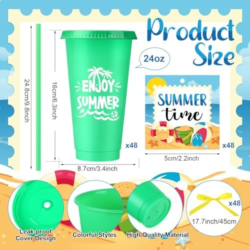 Honeydak 48 Sets Summer Tumbler Bulk 24 oz Plastic Tumbler Cup with Lids Straws and Greeting Card Beach Pool Plastic Cups Appreciation Gift for Summer Beach Pool Party Favors Prizes - Image 2
