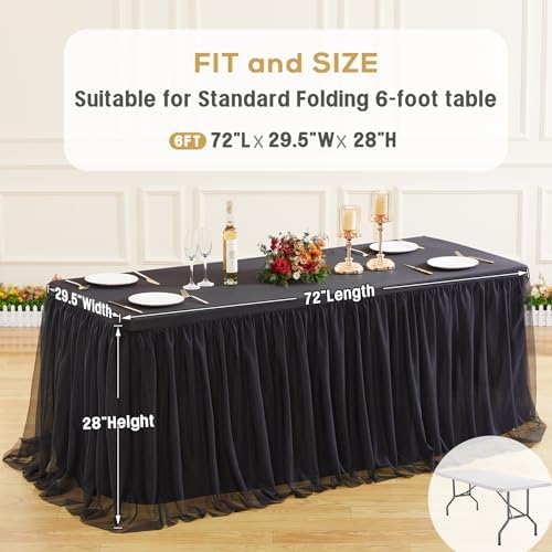 Black Tulle Tablecloths for 6 Foot Rectangular Tables 6ft Black Table Cloth Rectangle Wrinkle Free Stretch Spandex Table Cover with Tutu Skirt for Wedding Birthday Party Banquet Buffet Tradeshow - Image 6