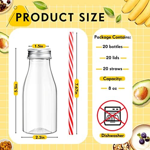 Yinkin 20 Sets Plastic Milk Bottles with Straws Bulk Reusable Beverage Containers for Birthday Baby Shower Party with Metal Lids Straws for Milk Juice Smoothies (8 oz,Red,White) - Image 2
