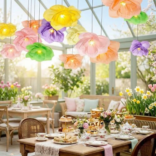 VIHOSE 12 Pcs Tea Party Decorations 15.7 Inch Lanterns Paper Flower with LED Lights for Spring Fancy Party Decorations Large Peony Pendant Lamps for Tea Garden Wedding Bridal Baby Shower - Image 2