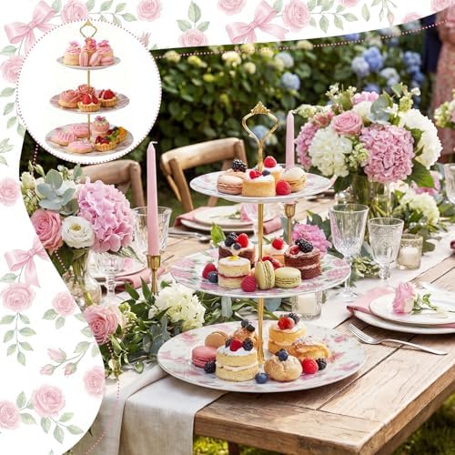 3 Tier Pink Floral Cake Stand Ceramic Coquette Dessert Stand with Gold Metal Rack Shabby Hydrangea Bow Cupcake Tower for Wedding Bridal Shower Baby Shower Birthday Afternoon Tea Party - Image 6